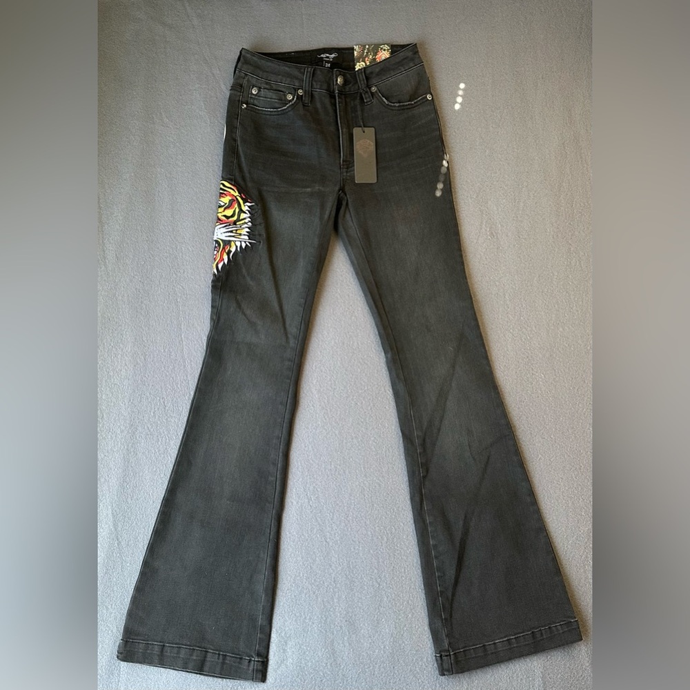 Ed Hardy Women's Denim Black Slim Flare Fit Tiger Head Print Jeans Size 24 NWT